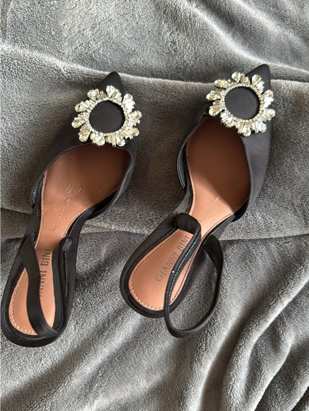 Gianni Bini Black Satin Slingback Flats with Crystal Rosette
